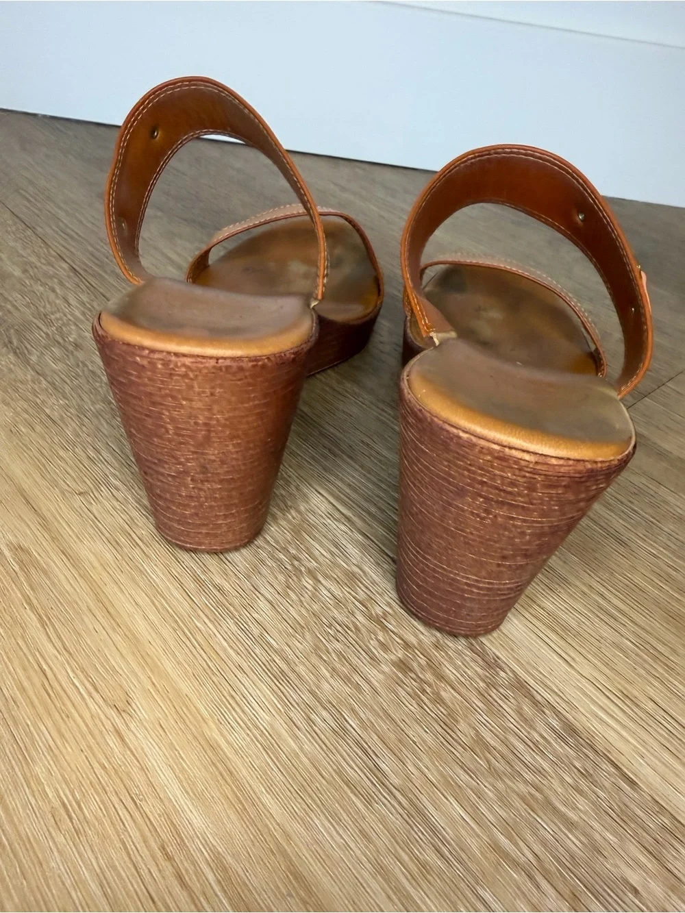 Italian Shoemakers made in Italy size 9 Tan Leather Double-Strap Wedge Sandals